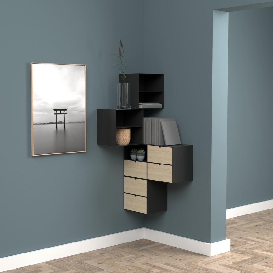 Nightstand with wall mounting option BEKIM black/bamboo