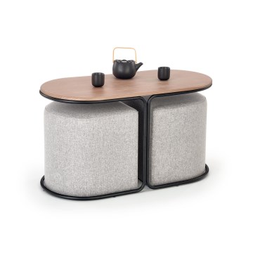 NILDO Coffee Table Set 90x45 cm + 2x Ottomans, Brown/Gray