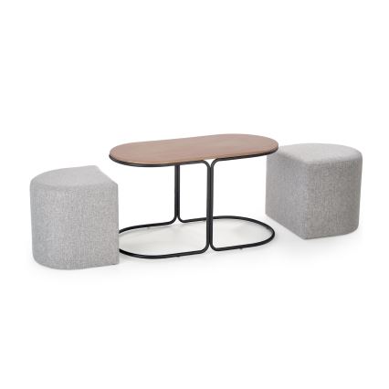 NILDO Coffee Table Set 90x45 cm + 2x Ottomans, Brown/Gray