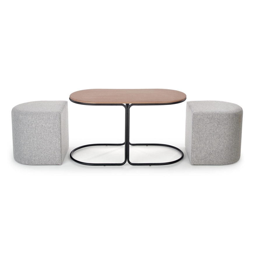 NILDO Coffee Table Set 90x45 cm + 2x Ottomans, Brown/Gray