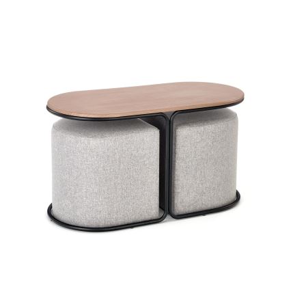 NILDO Coffee Table Set 90x45 cm + 2x Ottomans, Brown/Gray