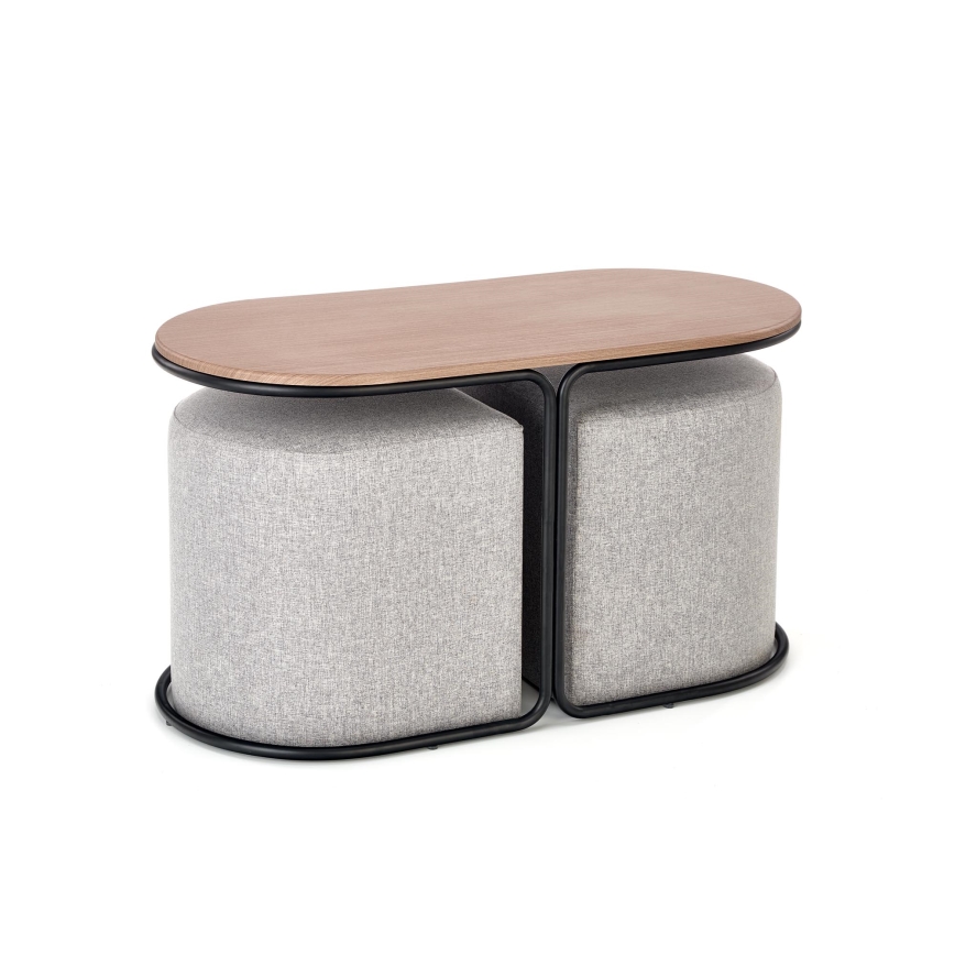 NILDO Coffee Table Set 90x45 cm + 2x Ottomans, Brown/Gray