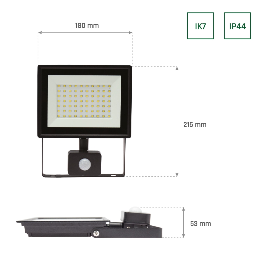 NOCTIS LUX 3 LED Floodlight with Motion Sensor, 50W, 230V, 3000K, IP44, Black