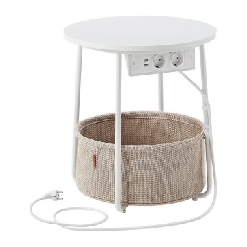 NOIRA 45 cm side table with integrated power outlets and USB ports, beige/white