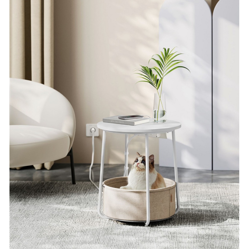NOIRA 45 cm side table with integrated power outlets and USB ports, beige/white