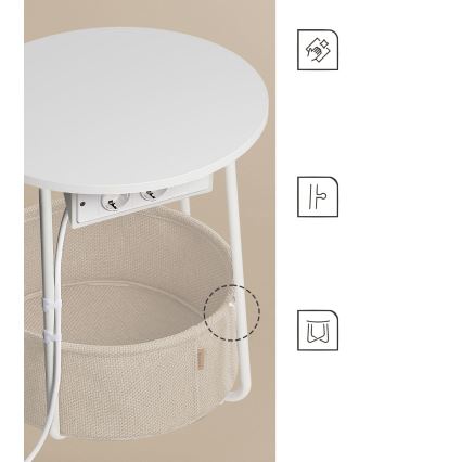 NOIRA 45 cm side table with integrated power outlets and USB ports, beige/white