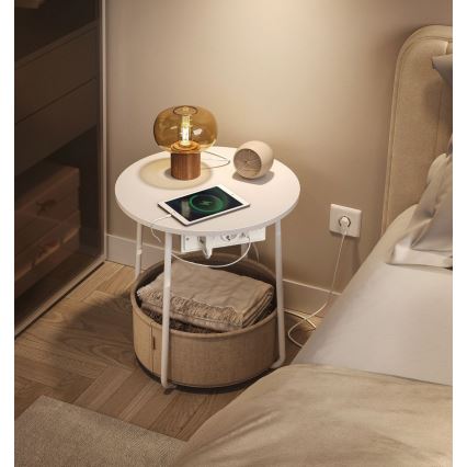 NOIRA 45 cm side table with integrated power outlets and USB ports, beige/white