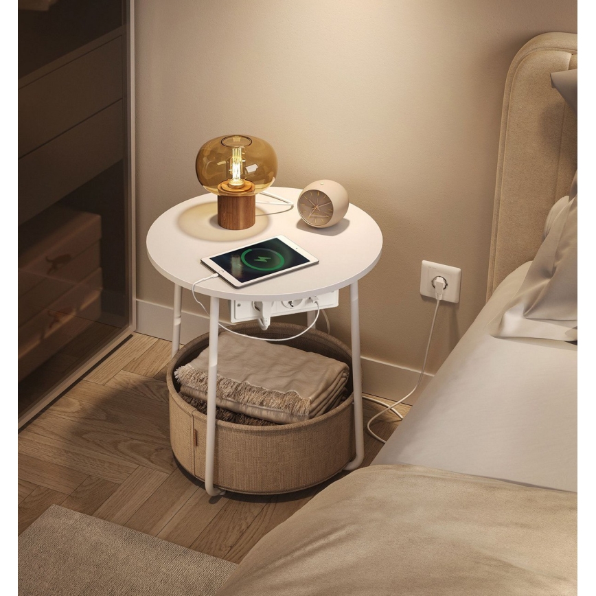 NOIRA 45 cm side table with integrated power outlets and USB ports, beige/white