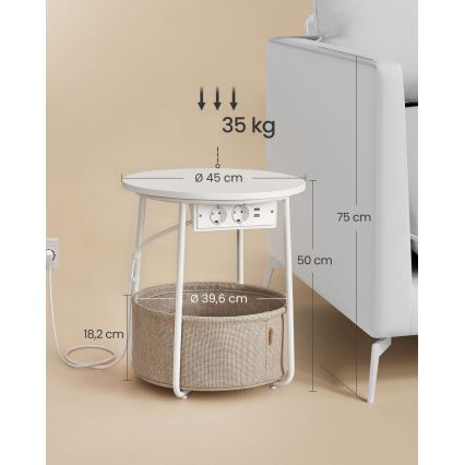 NOIRA 45 cm side table with integrated power outlets and USB ports, beige/white
