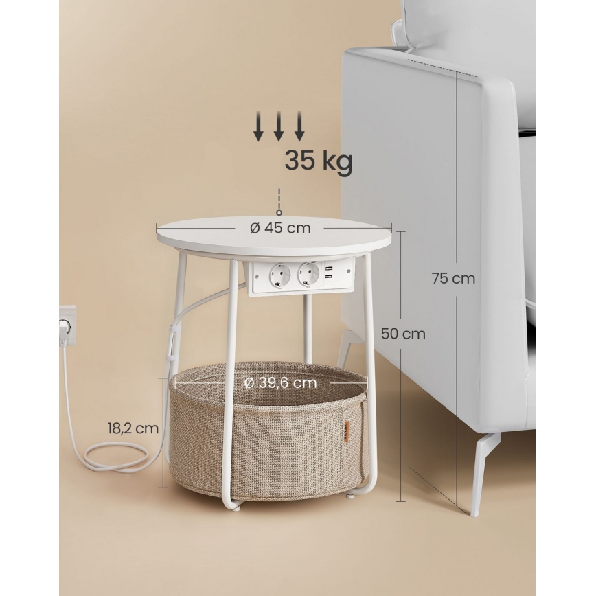 NOIRA 45 cm side table with integrated power outlets and USB ports, beige/white