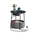 NOIRA 45 cm side table with integrated power outlets and USB ports, grey/black