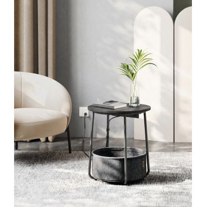 NOIRA 45 cm side table with integrated power outlets and USB ports, grey/black