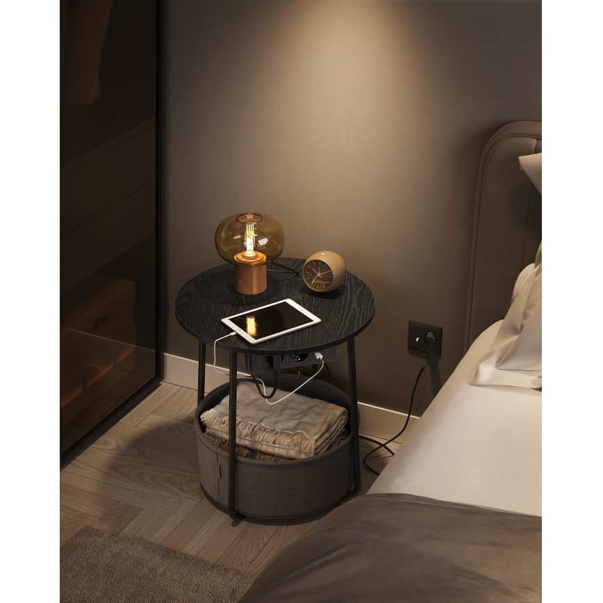 NOIRA 45 cm side table with integrated power outlets and USB ports, grey/black