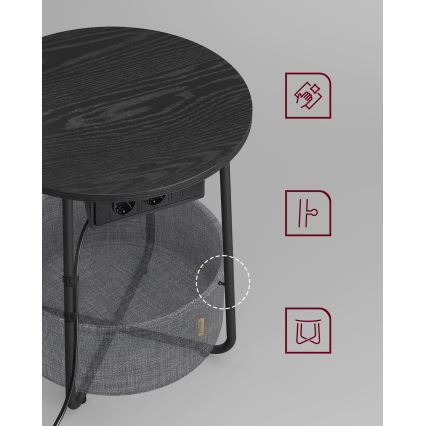 NOIRA 45 cm side table with integrated power outlets and USB ports, grey/black
