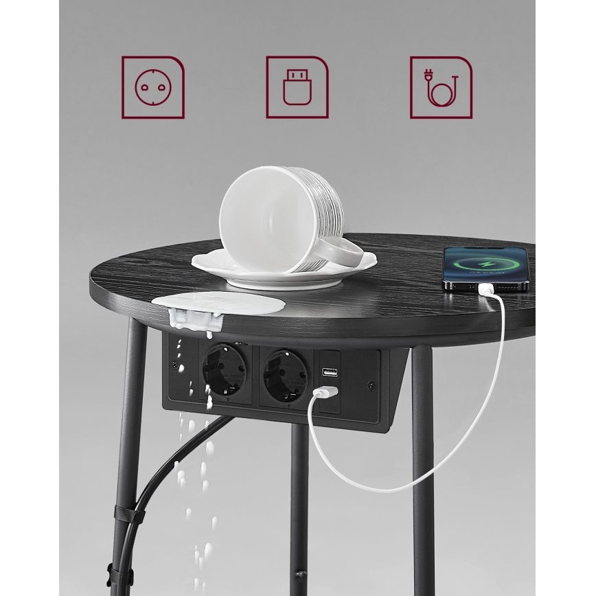 NOIRA 45 cm side table with integrated power outlets and USB ports, grey/black