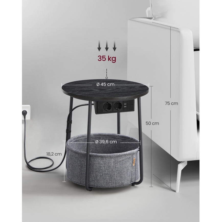 NOIRA 45 cm side table with integrated power outlets and USB ports, grey/black