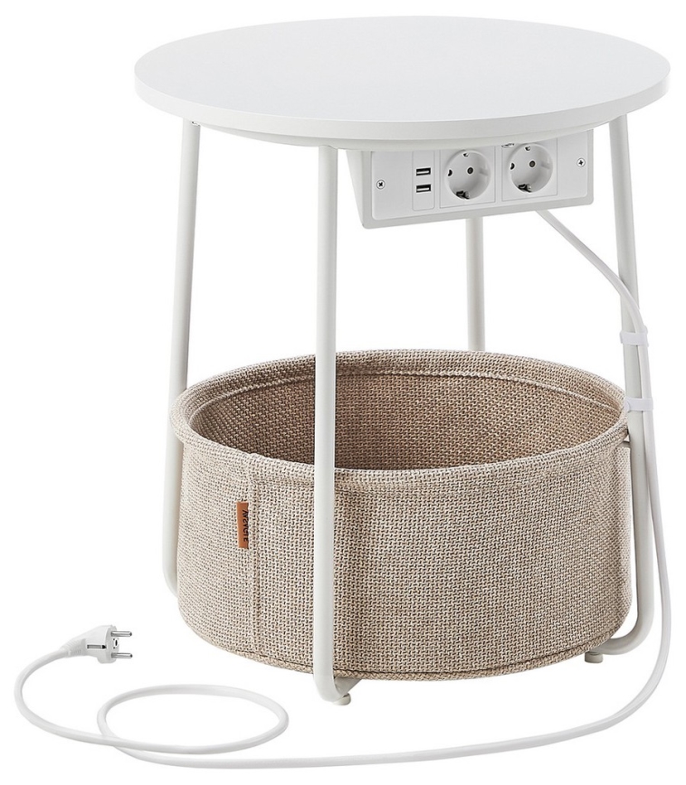 NOIRA side table with built-in power outlets and USB ports, beige/white