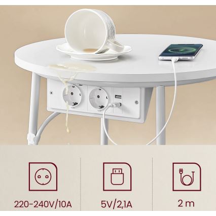 NOIRA side table with built-in power outlets and USB ports, beige/white