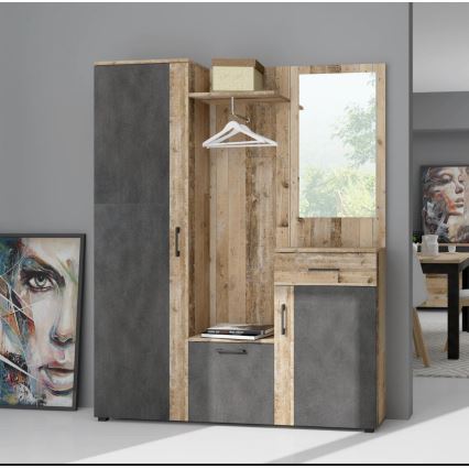 NOLAN Entryway Wall Unit with Mirror, Brown/Graphite Finish