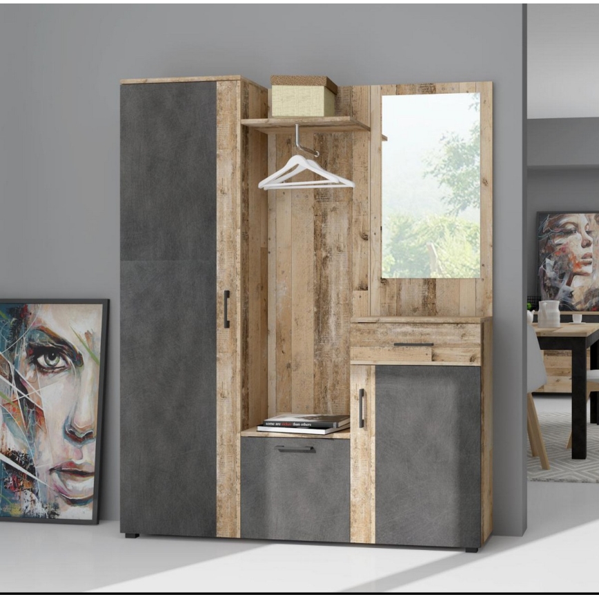 NOLAN Entryway Wall Unit with Mirror, Brown/Graphite Finish