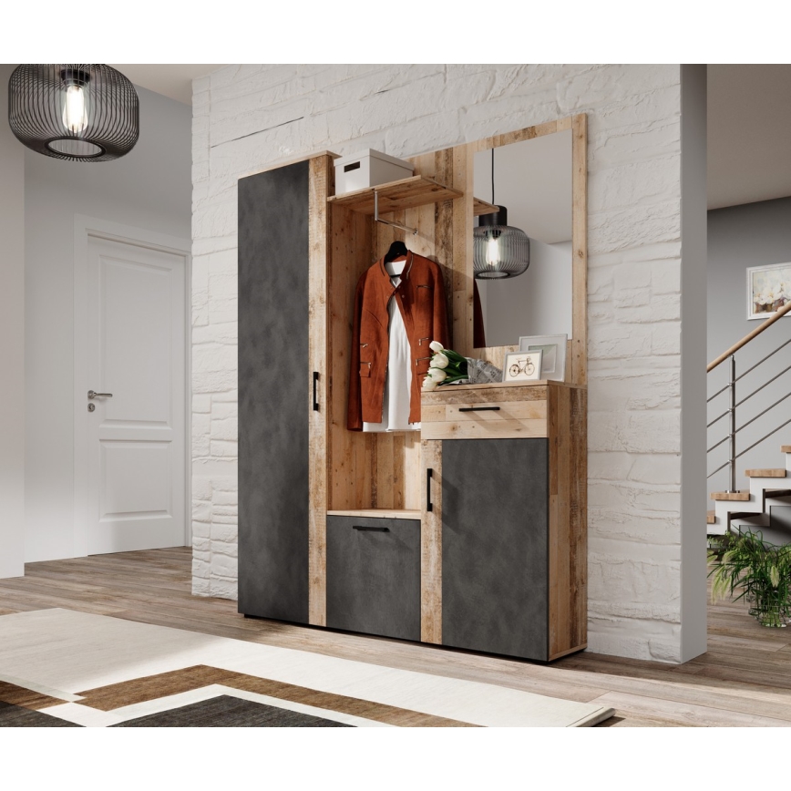 NOLAN Entryway Wall Unit with Mirror, Brown/Graphite Finish