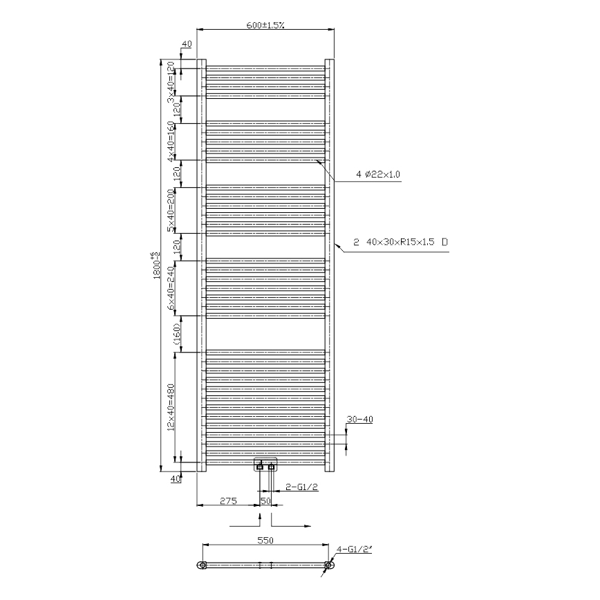 Novaservis - Bathroom heated towel rail, 630 W / 230 V, 180 x 60 cm, polished chrome, straight