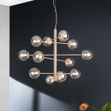Ondaluce - Cable-Suspended Chandelier ELISEO 12xE14/10W/230V Ø 97 cm Gold / Smoky Beige