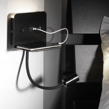 ONLI - LED Flexible small lamp with a shelf and USB charging PLAK LED/1W/230V black