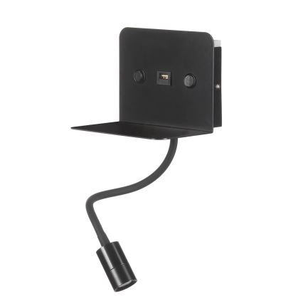 ONLI - LED Flexible small lamp with a shelf and USB charging PLAK LED/1W/230V black