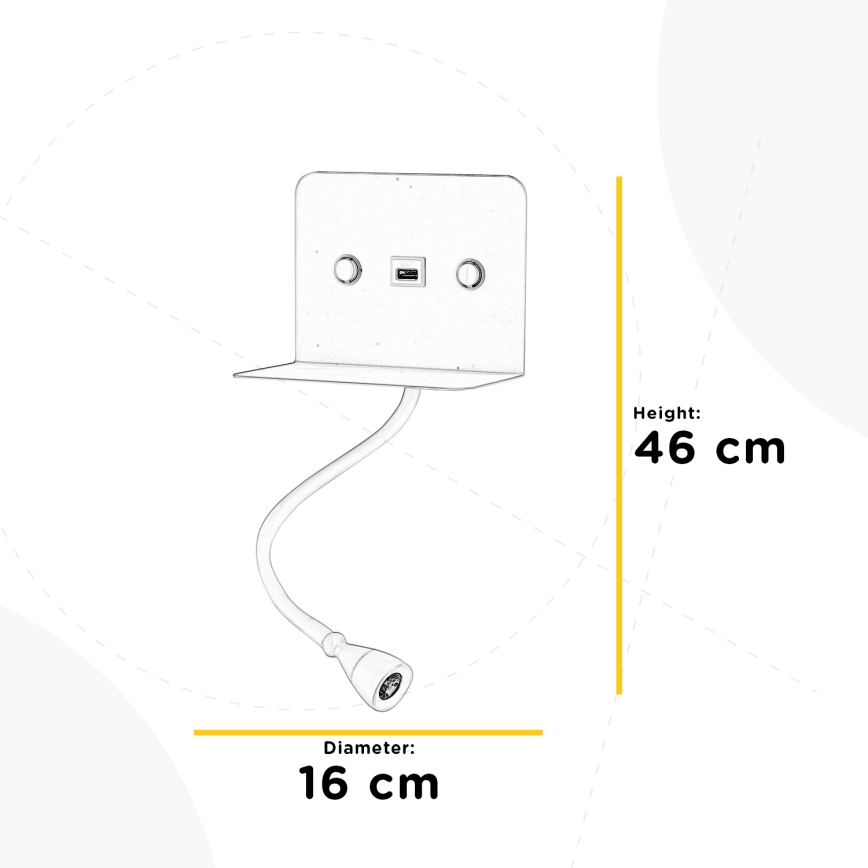 ONLI - LED Flexible small lamp with a shelf and USB charging PLAK LED/1W/230V white