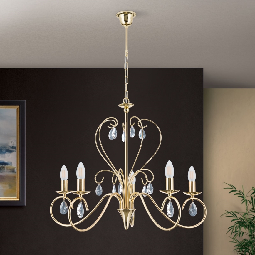 Crystal chandelier on a chain ALESSIA 5xE14/40W/230V gold