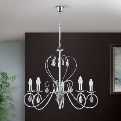 Crystal chandelier on a chain ALESSIA 5xE14/40W/230V shiny chrome