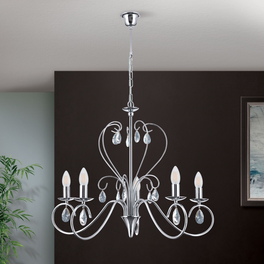 Crystal chandelier on a chain ALESSIA 5xE14/40W/230V shiny chrome