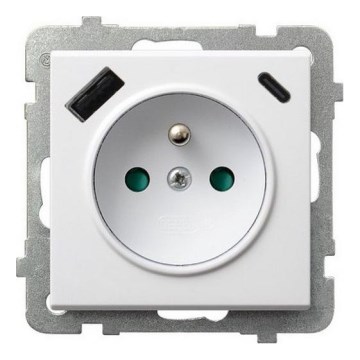 Ospel - SONATA frameless residential wall outlet 230V with 1x USB-A and 1x USB-C, white