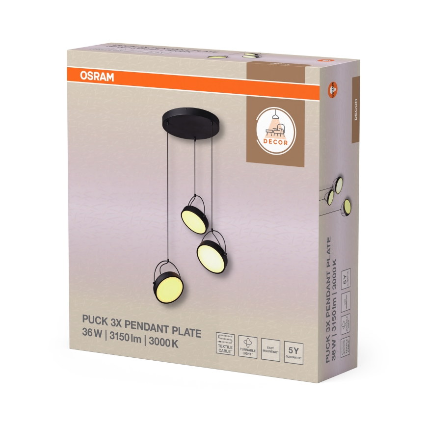 Osram - DECOR PUCK Cable-Suspended LED Pendant 3xLED/12W/230V CRI 90 Black