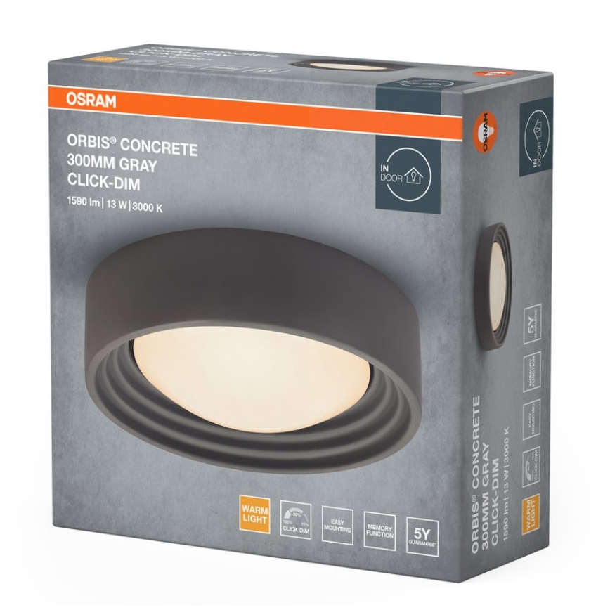 Osram - ORBIS CONCRETE LED Dimmable Ceiling Light, 13W/230V, Ø 30 cm, Grey/Concrete