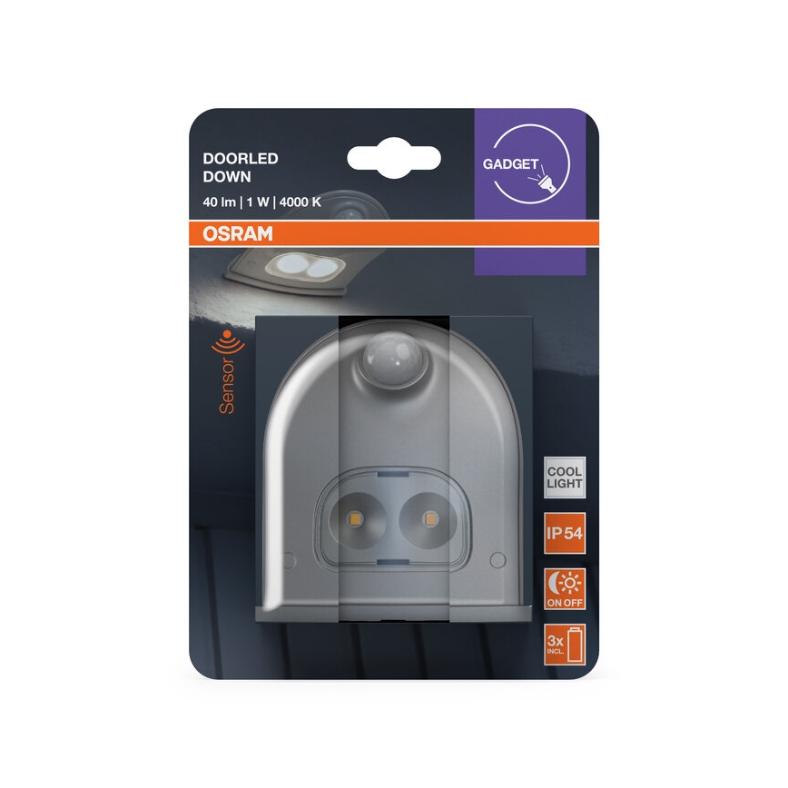 Osram - LED outdoor wall light with DOORLED sensor, LED/0.5 W/3xAA, IP54, silver