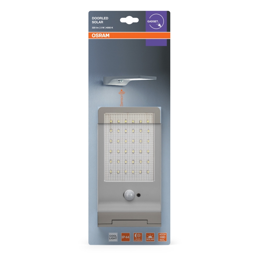 Osram - LED Solar Wall Light with Sensor DOORLED LED/3W/3.3V 2000 mAh IP44 Silver