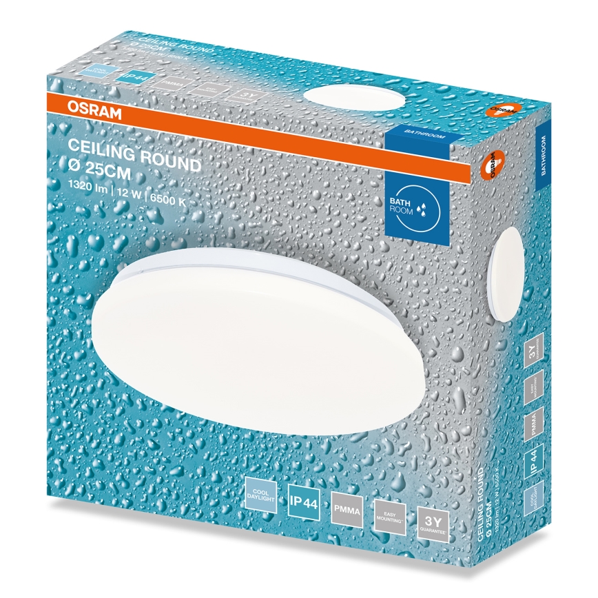 Osram - CEILING ROUND LED Bathroom Ceiling Light, 12W/230V, 6500K, Ø 26 cm, IP44, White