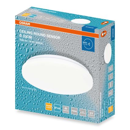 Osram - CEILING ROUND LED Bathroom Ceiling Light with Dusk Sensor, 18W, 230V, 3000K (warm white), Ø33 cm, IP44, White
