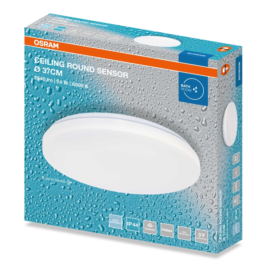 Osram - LED Bathroom Ceiling Light with Dusk Sensor, CEILING ROUND LED/24W/230V, 6500K, Ø37 cm, IP44, White