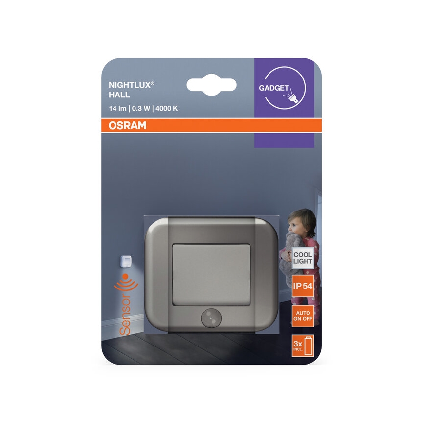 Osram - NIGHTLUX LED Sensor Nightlight, 0.3 W, 3x AAA, IP54, Silver