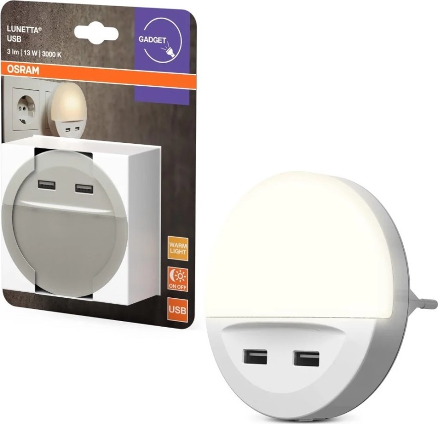Osram - LUNETTA Plug-in LED Night Light with Sensor, 2xUSB LED/13W/230V