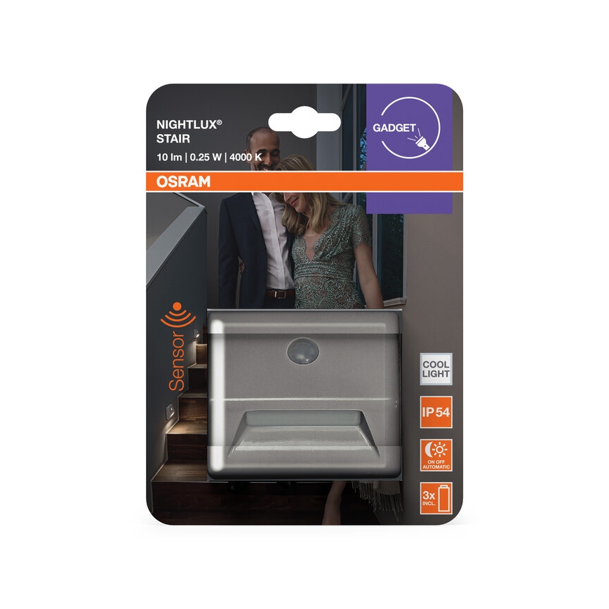 Osram - LED staircase light with sensor NIGHTLUX LED/0,25W/3xAAA IP54 silver