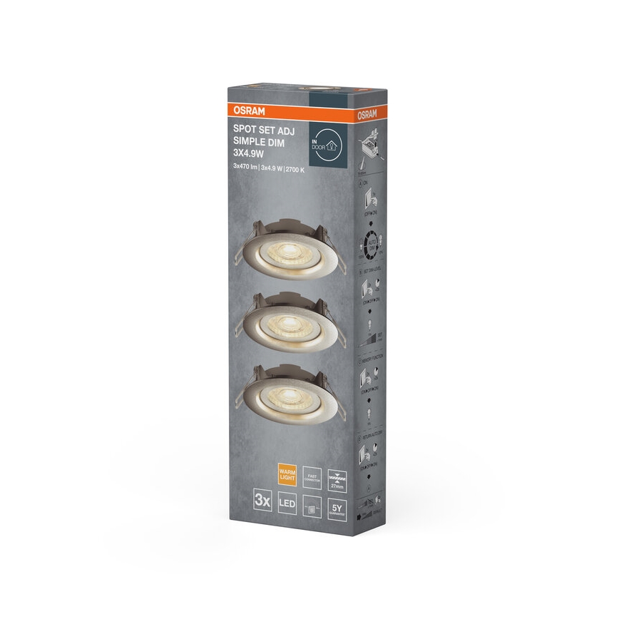 Osram - Set of 3 Dimmable LED Recessed Downlights, 4.9W/230V