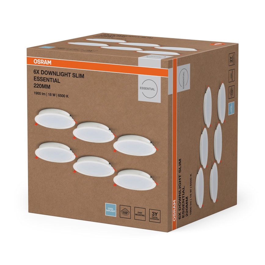 Osram - Set of 6 ESSENTIAL LED recessed downlights, 18W/230V, 6500K, dia. 22 cm, white