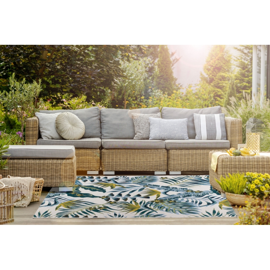 Outdoor rug CAPPUCCINO 80x165 cm turquoise/leaf pattern