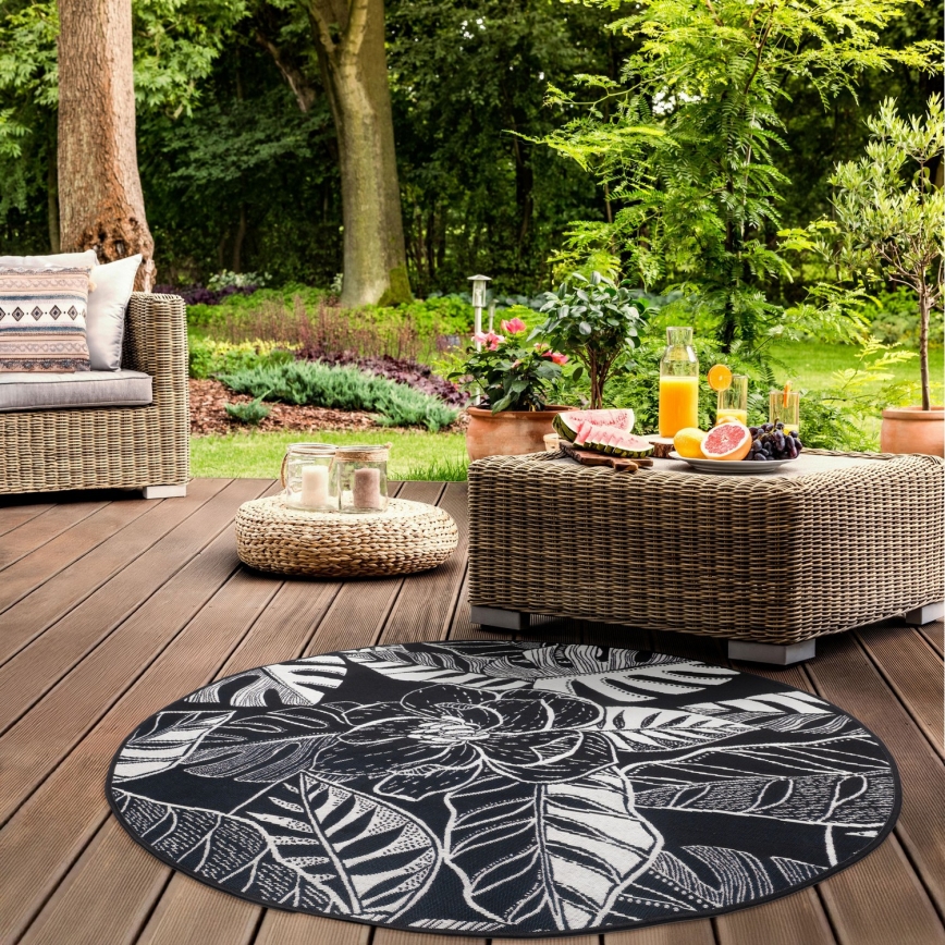 Outdoor rug JUNGLE 135 cm black/white/leaf pattern