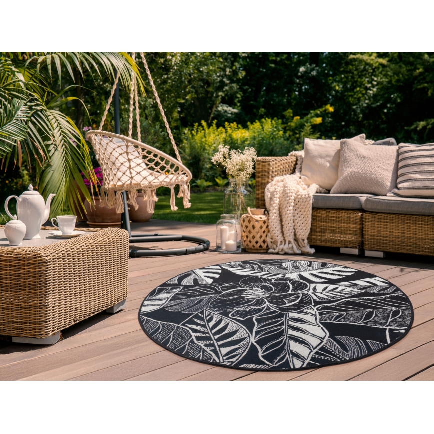 Outdoor rug JUNGLE 135 cm black/white/leaf pattern