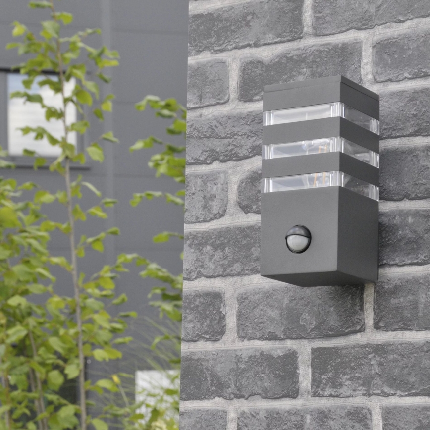 Outdoor wall light with a sensor TEKSAS 1xE27/12W/230V IP44 graphite
